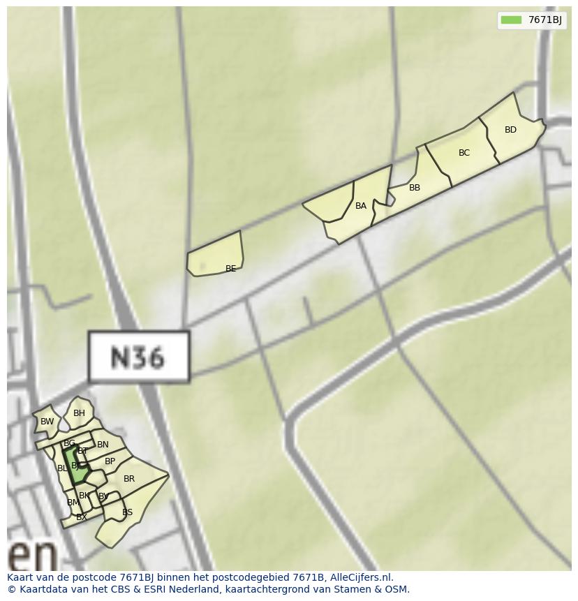 Afbeelding van het postcodegebied 7671 BJ op de kaart.