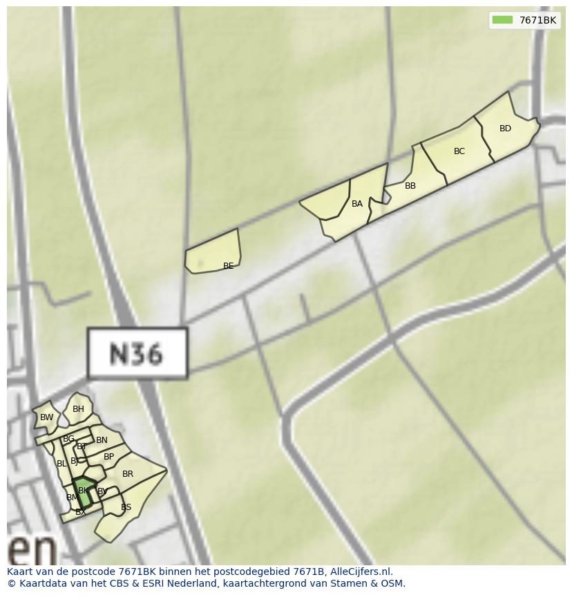 Afbeelding van het postcodegebied 7671 BK op de kaart.