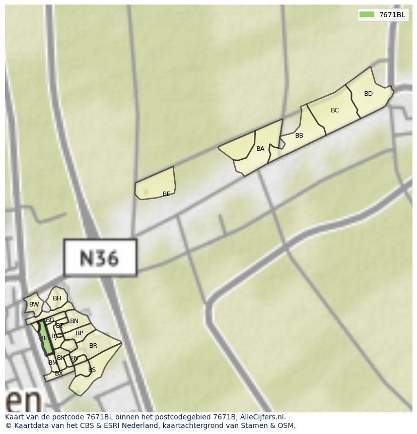 Afbeelding van het postcodegebied 7671 BL op de kaart.