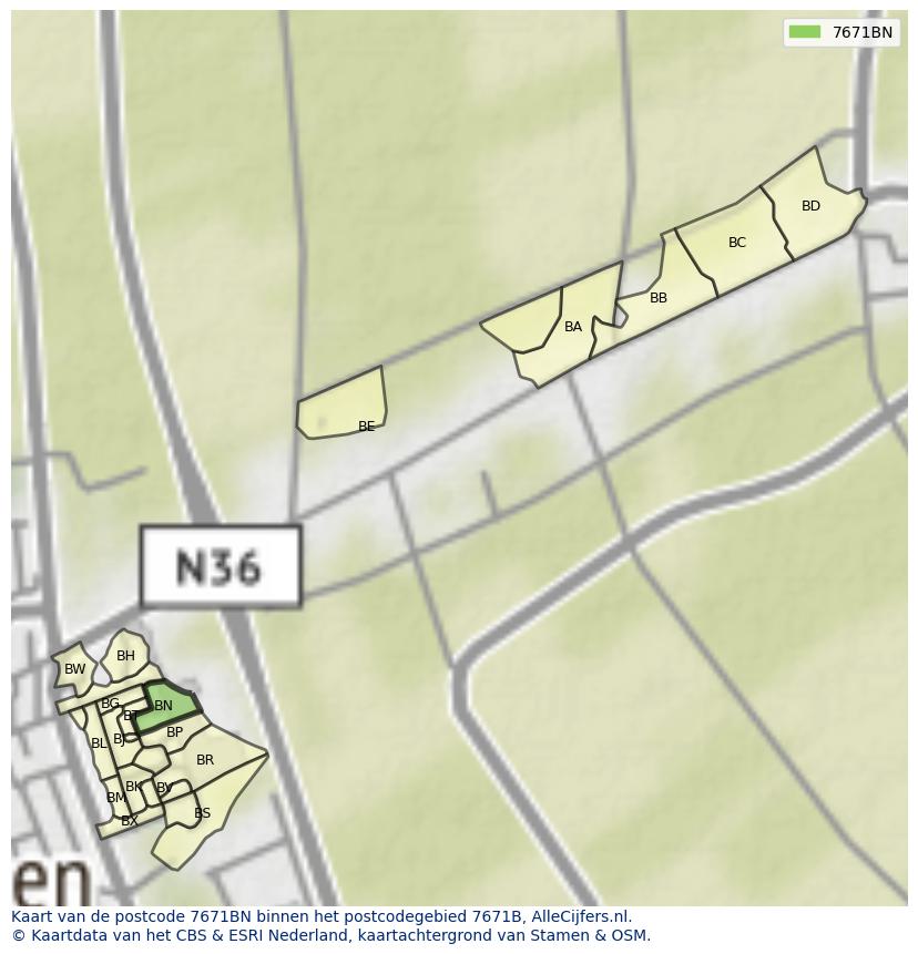 Afbeelding van het postcodegebied 7671 BN op de kaart.