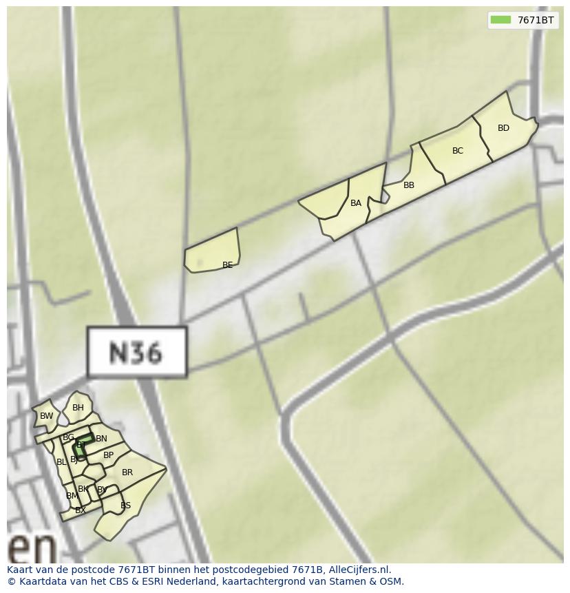 Afbeelding van het postcodegebied 7671 BT op de kaart.