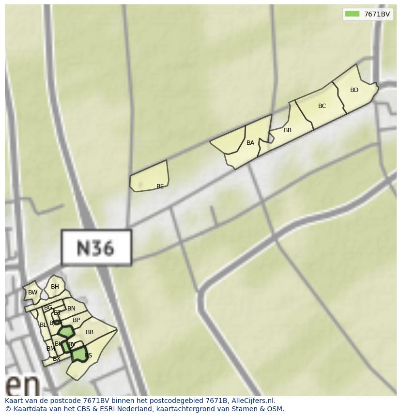Afbeelding van het postcodegebied 7671 BV op de kaart.