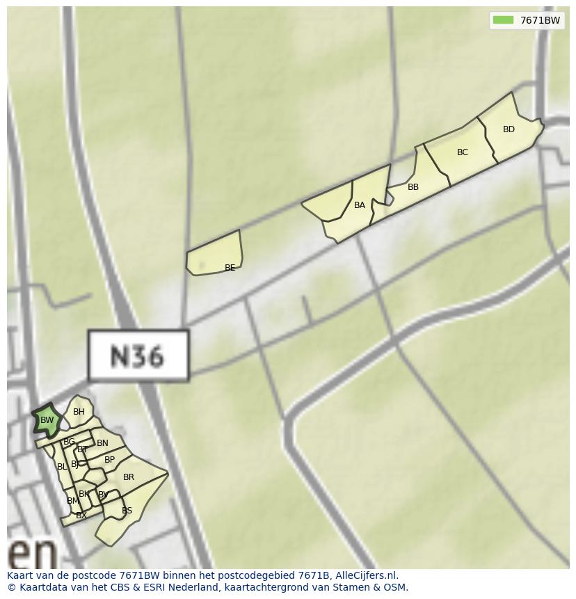 Afbeelding van het postcodegebied 7671 BW op de kaart.