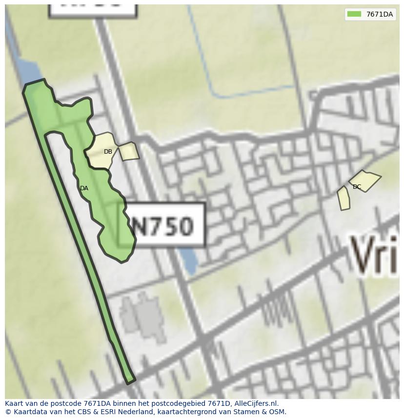 Afbeelding van het postcodegebied 7671 DA op de kaart.