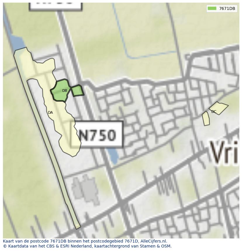 Afbeelding van het postcodegebied 7671 DB op de kaart.