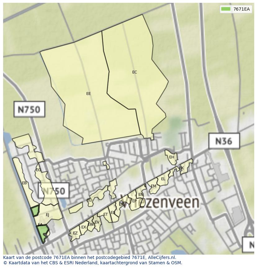 Afbeelding van het postcodegebied 7671 EA op de kaart.