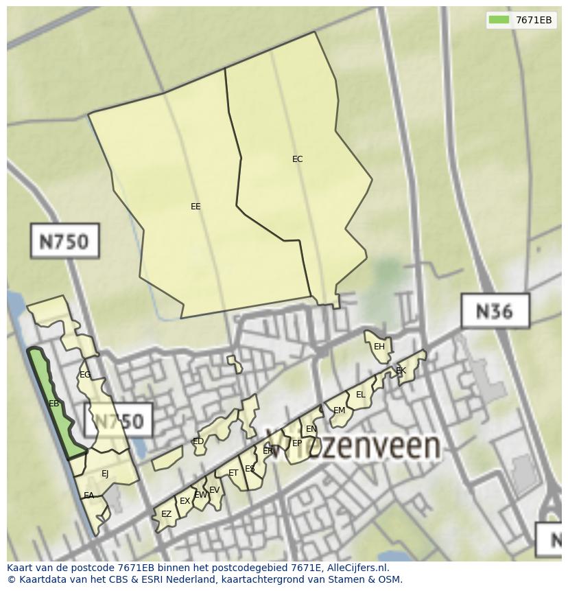 Afbeelding van het postcodegebied 7671 EB op de kaart.