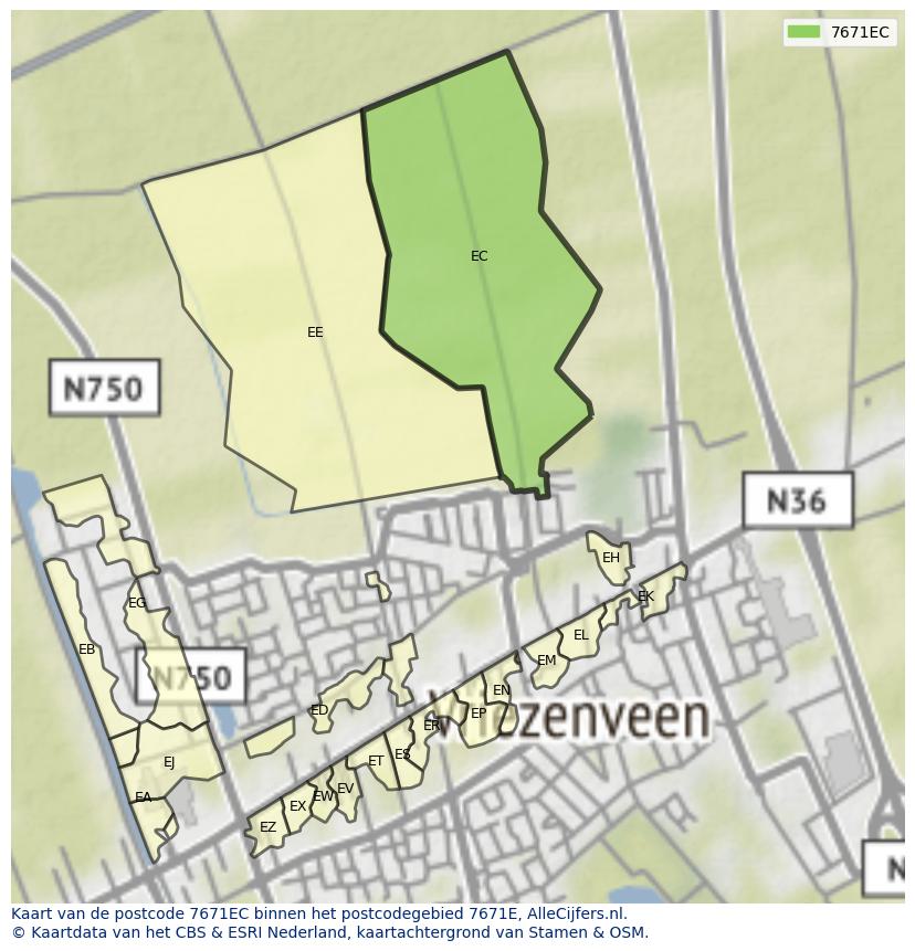 Afbeelding van het postcodegebied 7671 EC op de kaart.