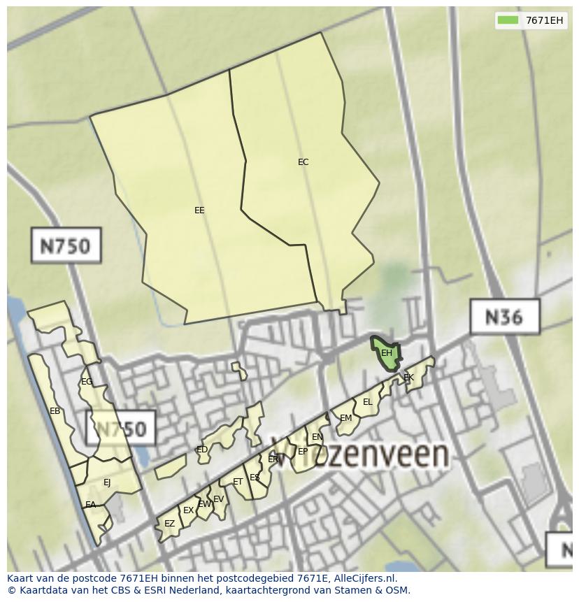 Afbeelding van het postcodegebied 7671 EH op de kaart.