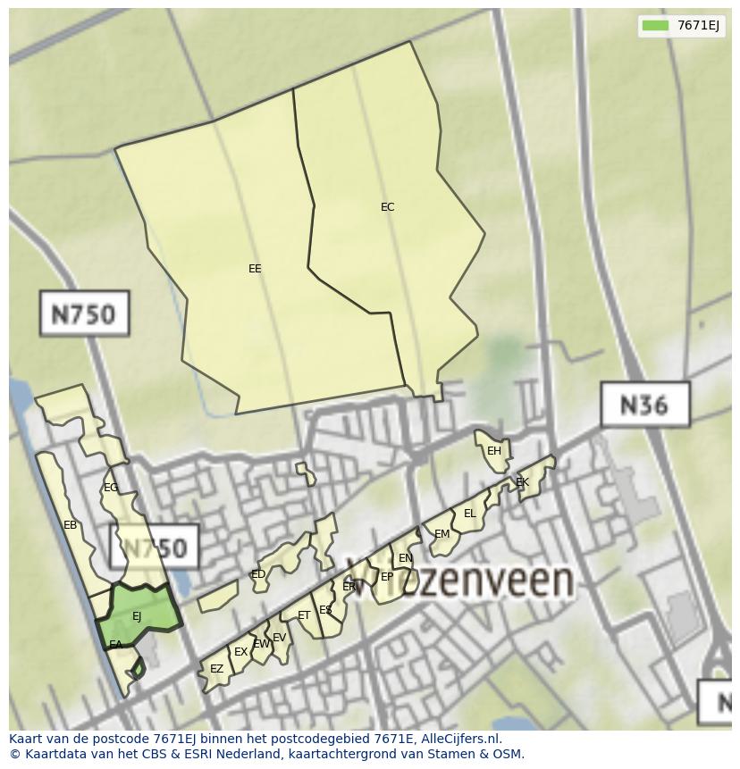 Afbeelding van het postcodegebied 7671 EJ op de kaart.