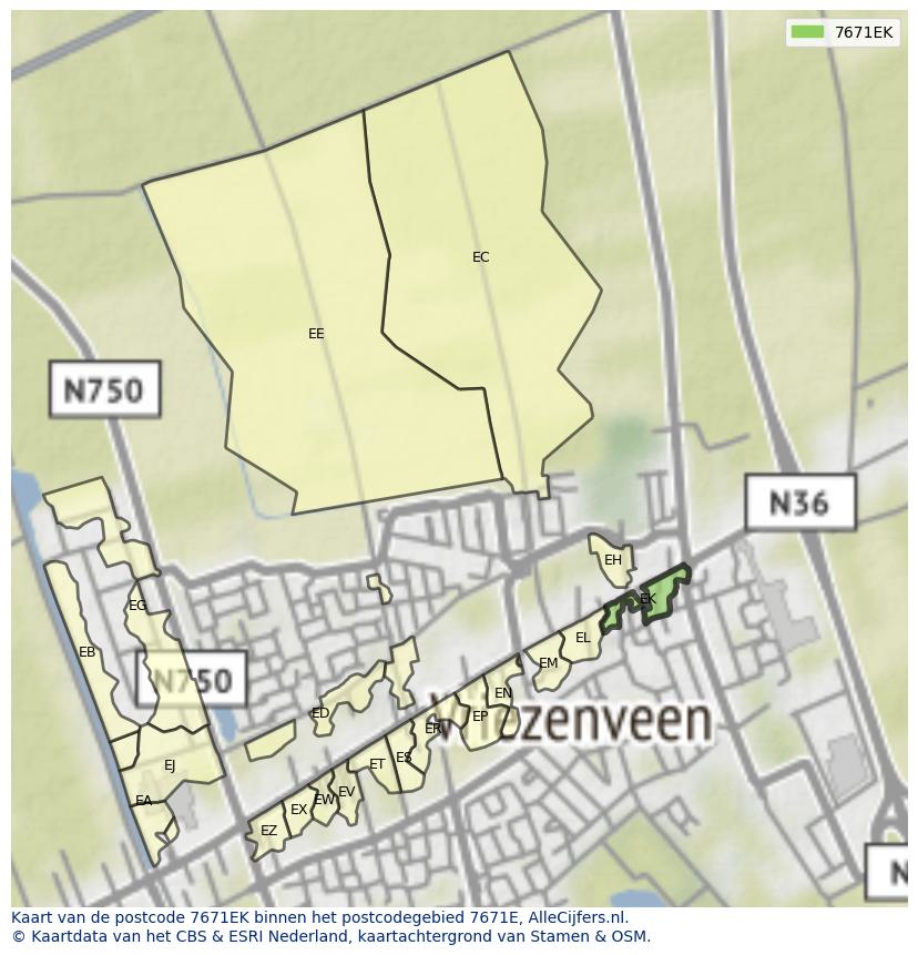 Afbeelding van het postcodegebied 7671 EK op de kaart.