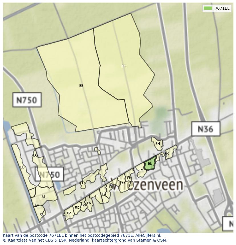 Afbeelding van het postcodegebied 7671 EL op de kaart.