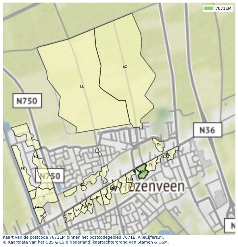 Afbeelding van het postcodegebied 7671 EM op de kaart.