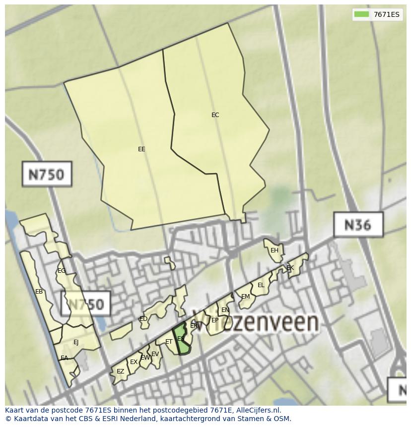 Afbeelding van het postcodegebied 7671 ES op de kaart.