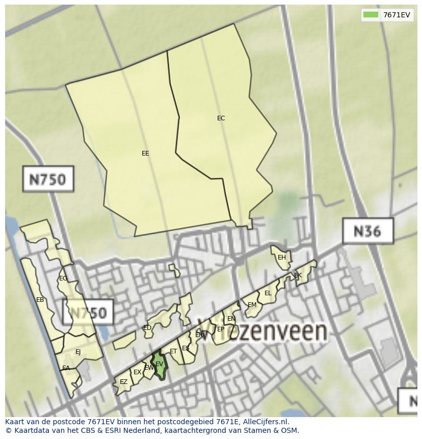 Afbeelding van het postcodegebied 7671 EV op de kaart.
