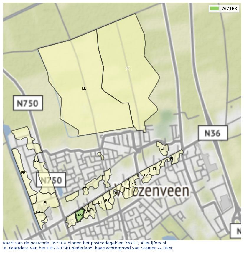 Afbeelding van het postcodegebied 7671 EX op de kaart.