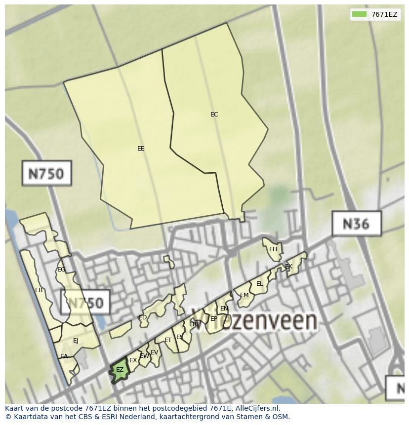 Afbeelding van het postcodegebied 7671 EZ op de kaart.