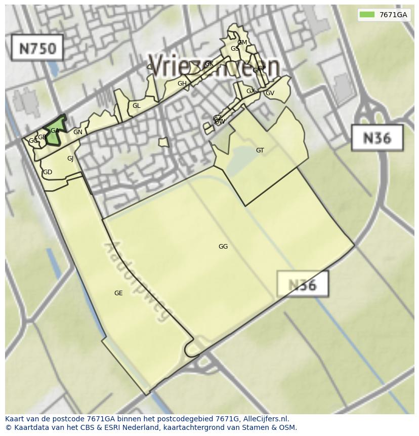 Afbeelding van het postcodegebied 7671 GA op de kaart.