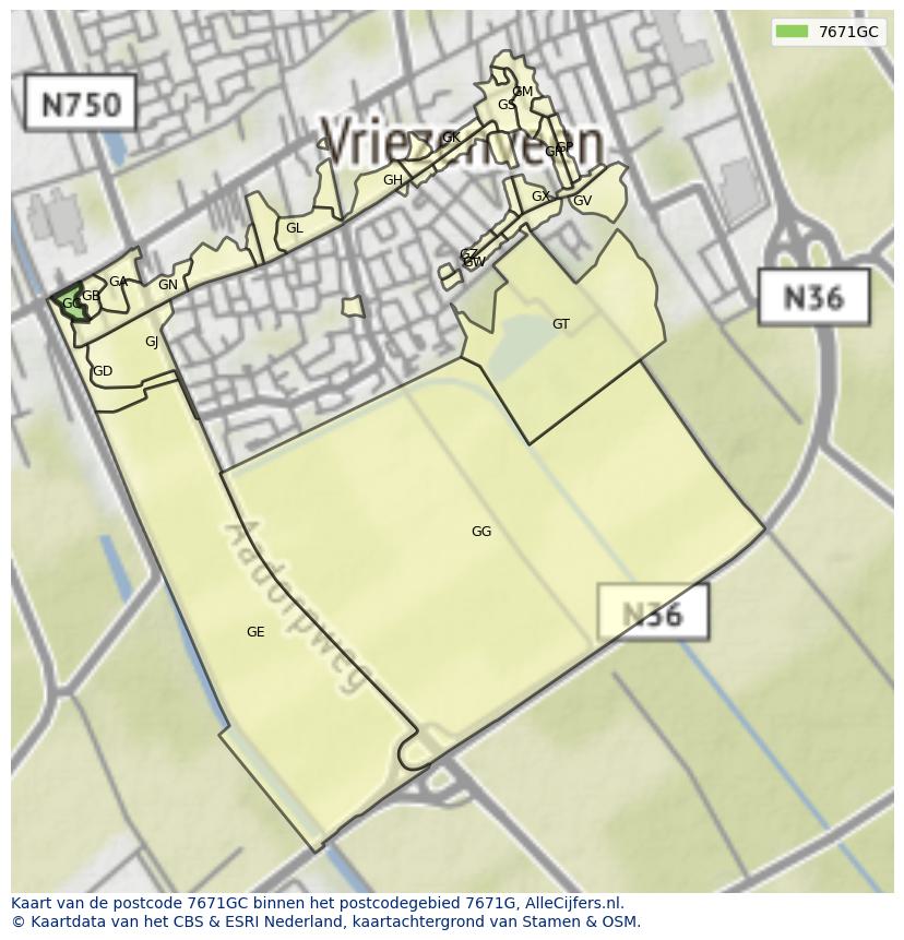 Afbeelding van het postcodegebied 7671 GC op de kaart.