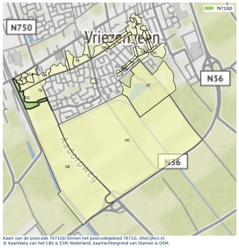 Afbeelding van het postcodegebied 7671 GD op de kaart.