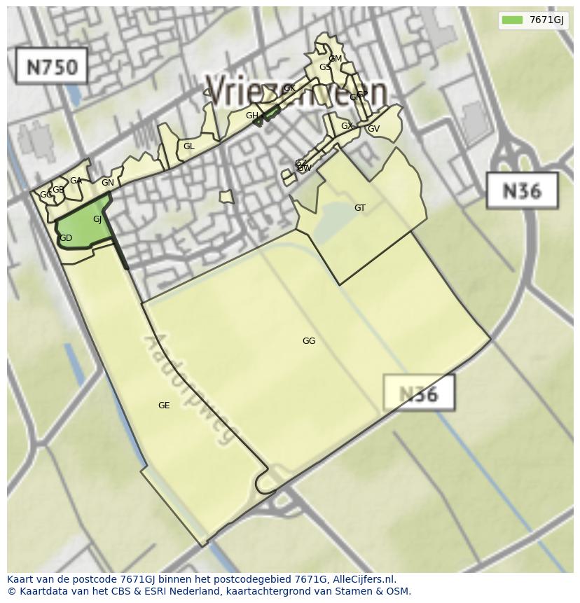 Afbeelding van het postcodegebied 7671 GJ op de kaart.