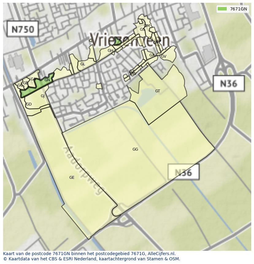Afbeelding van het postcodegebied 7671 GN op de kaart.