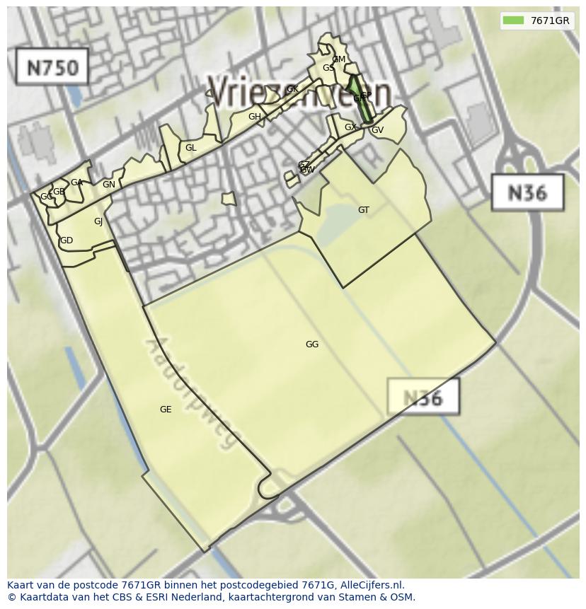 Afbeelding van het postcodegebied 7671 GR op de kaart.