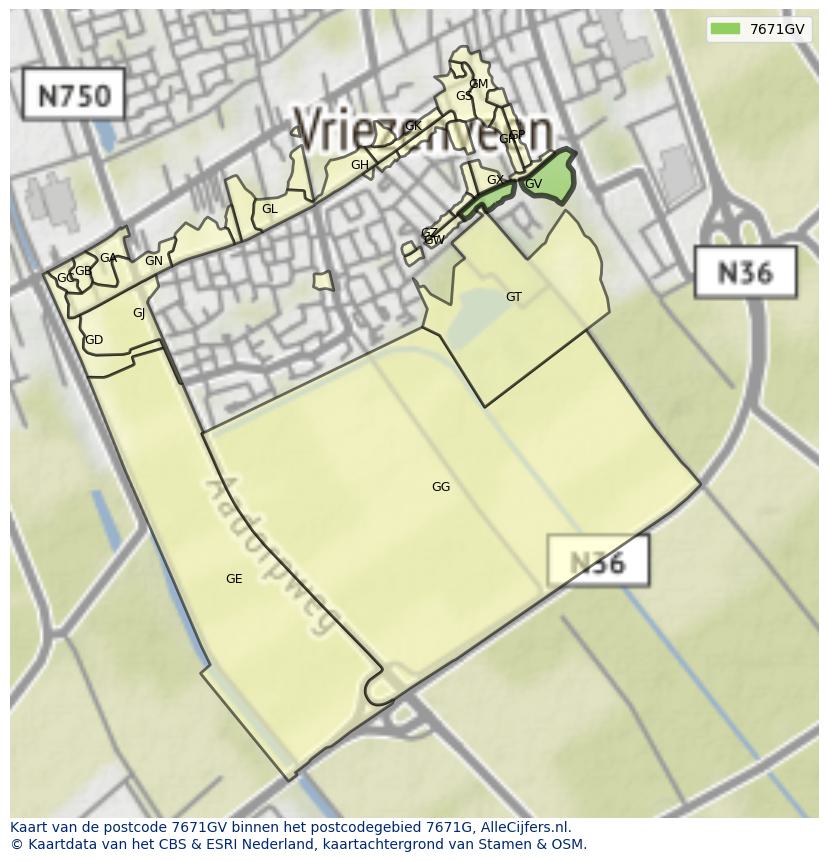 Afbeelding van het postcodegebied 7671 GV op de kaart.