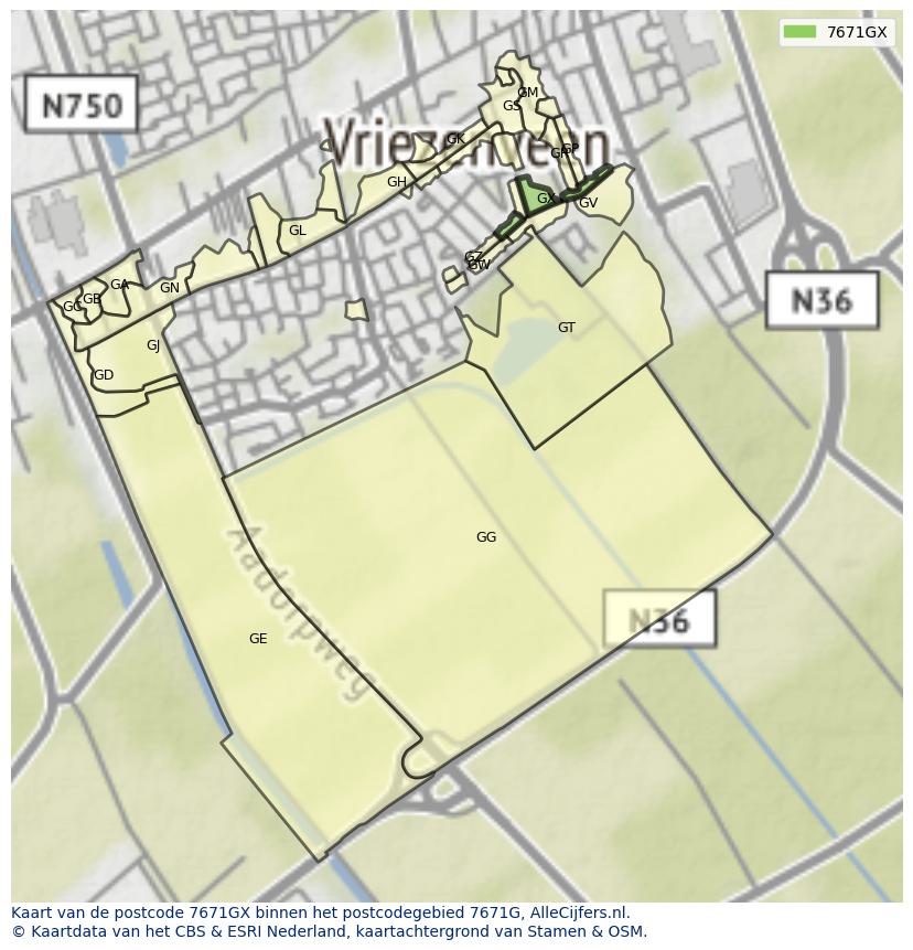 Afbeelding van het postcodegebied 7671 GX op de kaart.