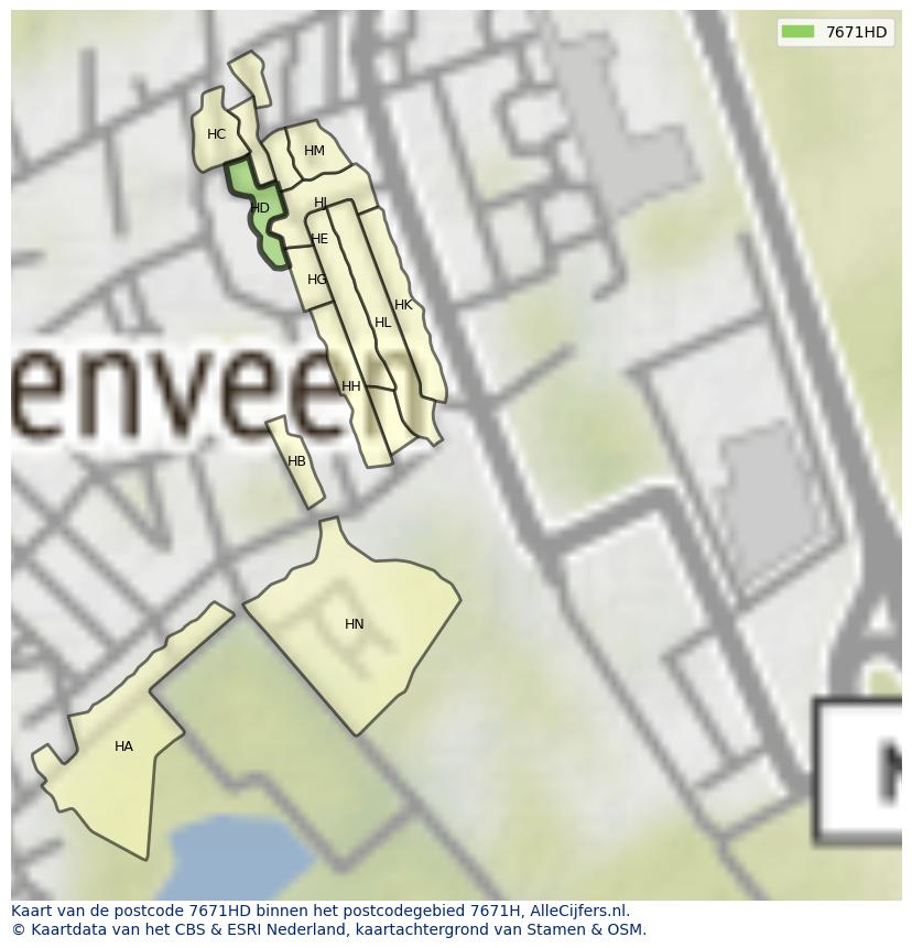 Afbeelding van het postcodegebied 7671 HD op de kaart.