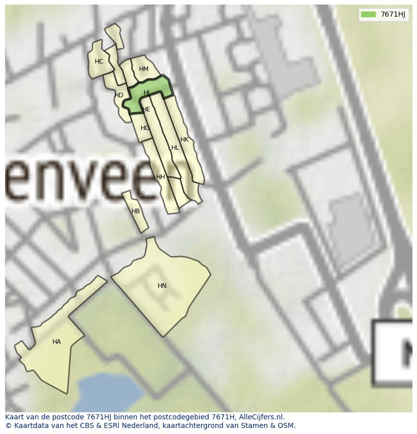 Afbeelding van het postcodegebied 7671 HJ op de kaart.