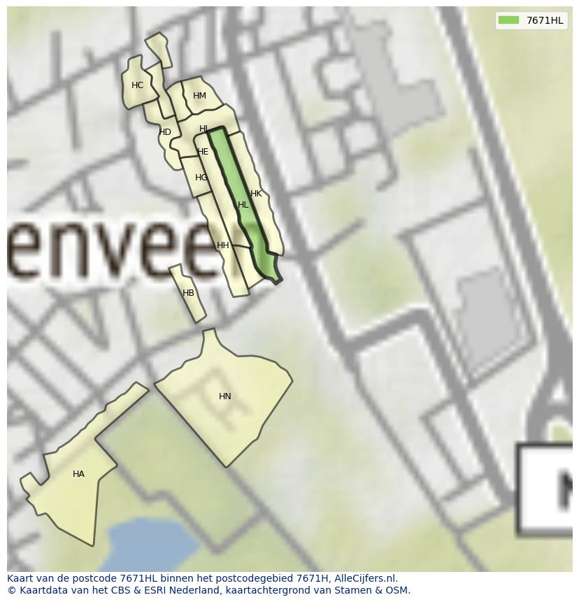 Afbeelding van het postcodegebied 7671 HL op de kaart.
