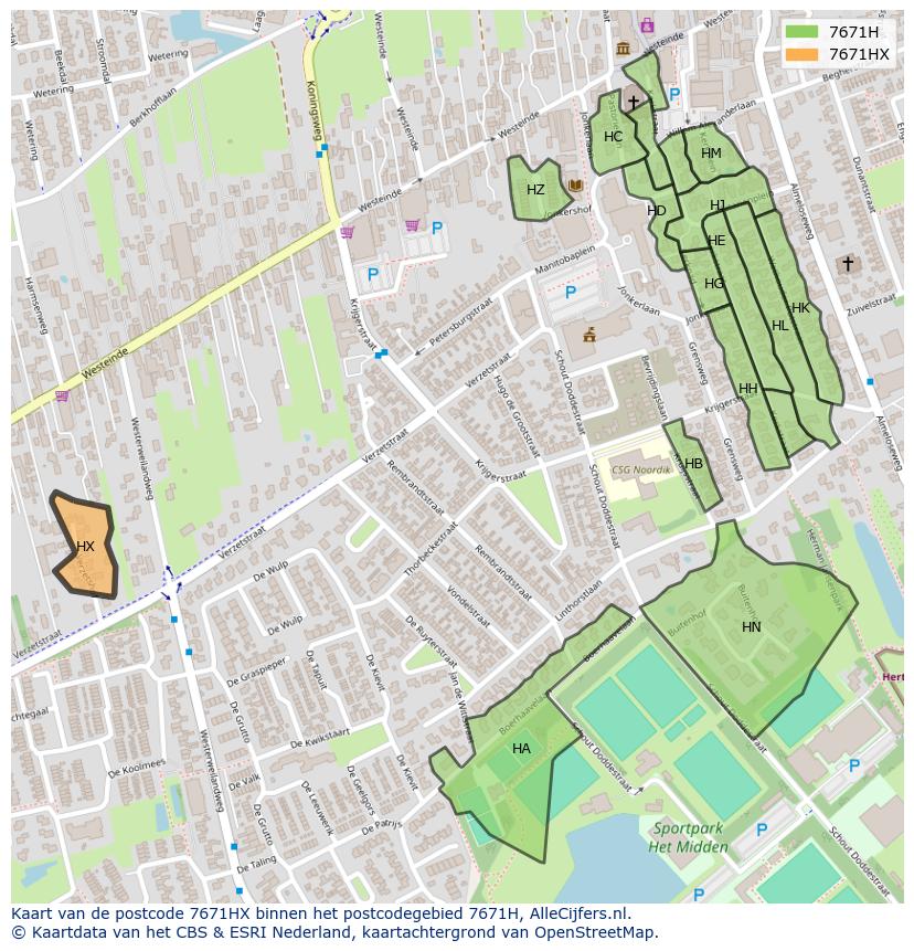Afbeelding van het postcodegebied 7671 HX op de kaart.
