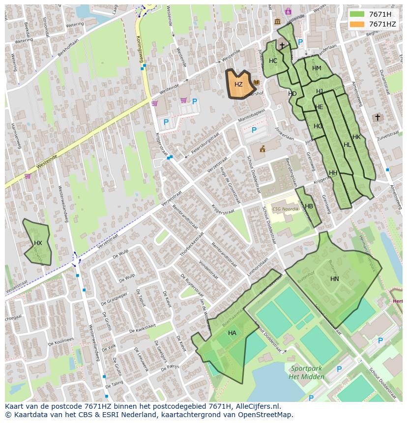 Afbeelding van het postcodegebied 7671 HZ op de kaart.