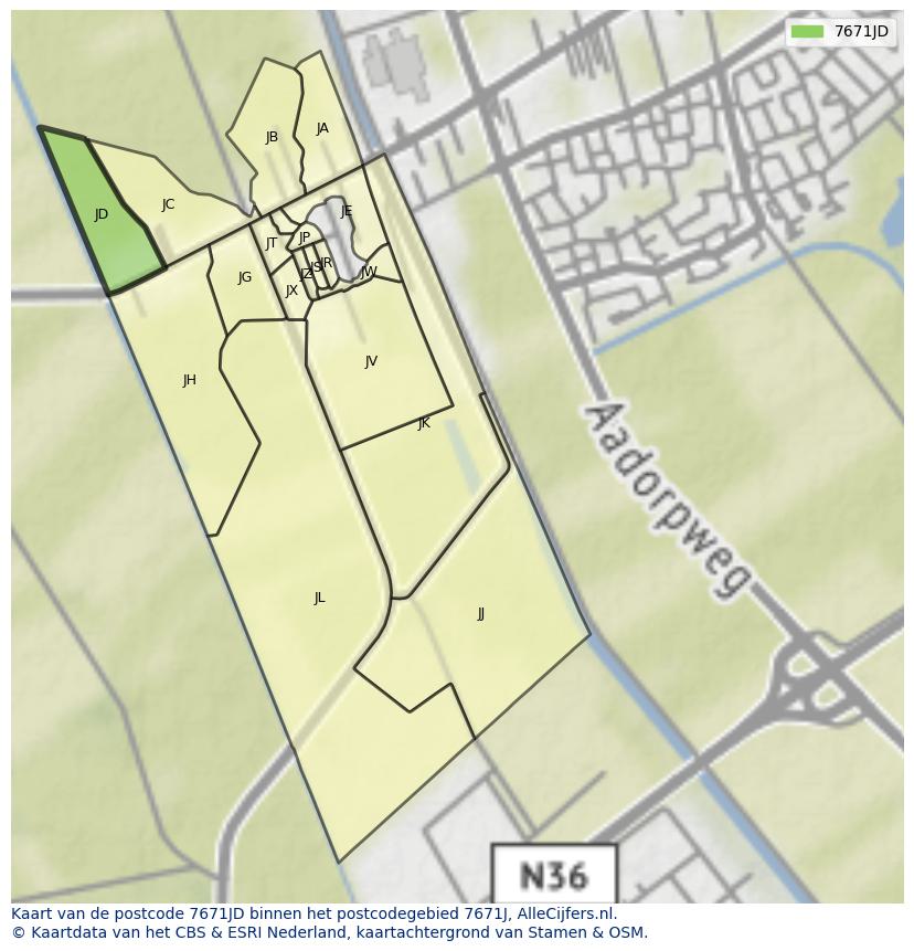 Afbeelding van het postcodegebied 7671 JD op de kaart.