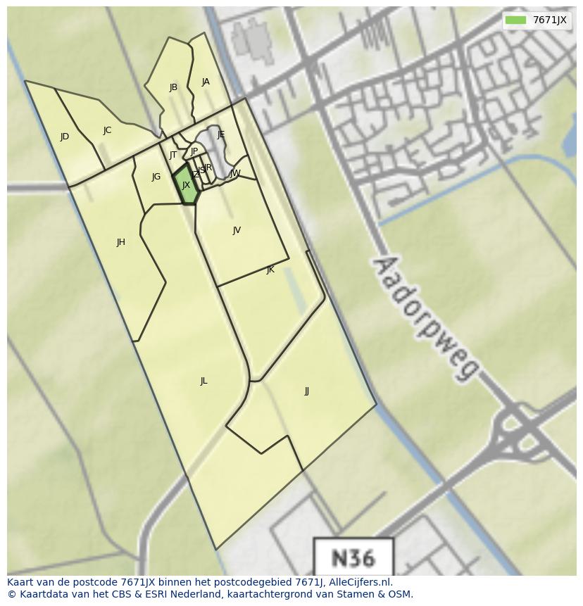 Afbeelding van het postcodegebied 7671 JX op de kaart.