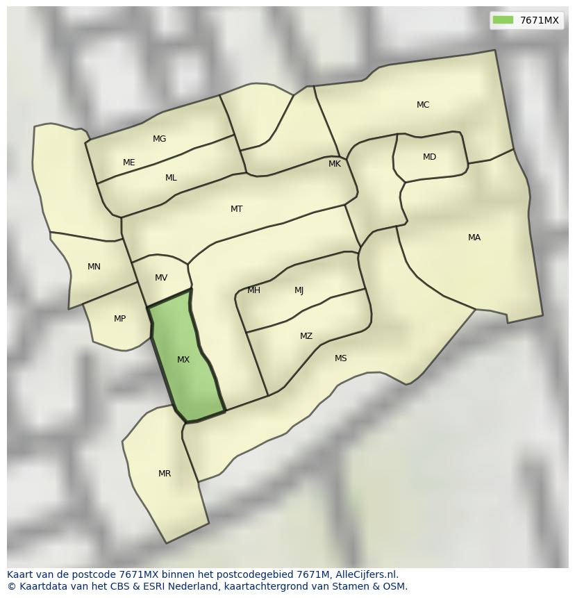 Afbeelding van het postcodegebied 7671 MX op de kaart.