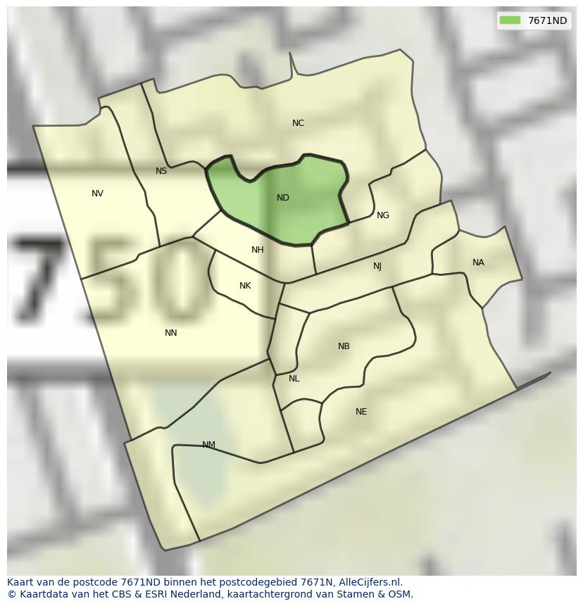 Afbeelding van het postcodegebied 7671 ND op de kaart.