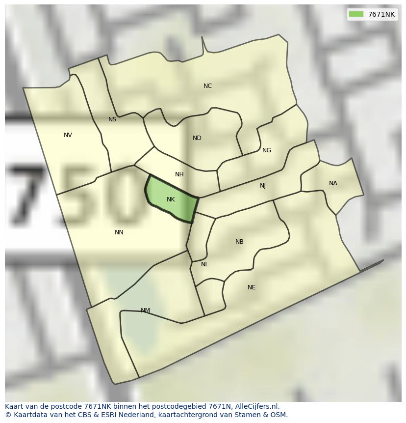 Afbeelding van het postcodegebied 7671 NK op de kaart.