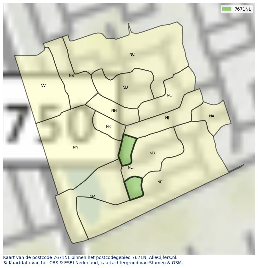 Afbeelding van het postcodegebied 7671 NL op de kaart.