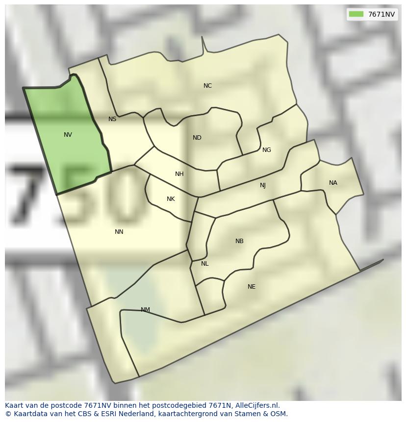 Afbeelding van het postcodegebied 7671 NV op de kaart.
