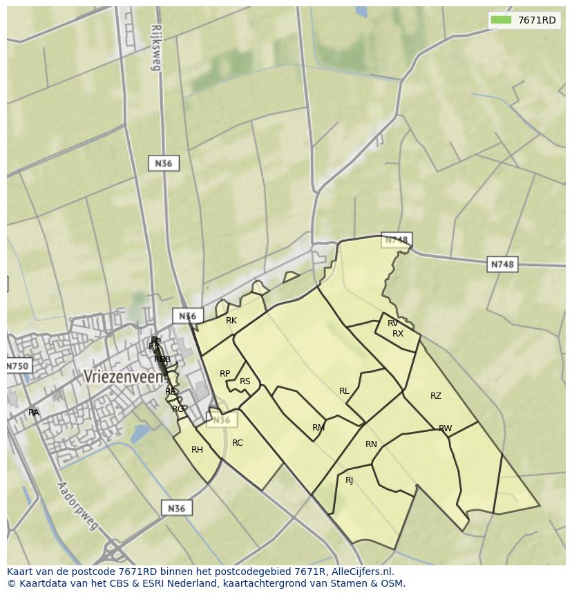 Afbeelding van het postcodegebied 7671 RD op de kaart.