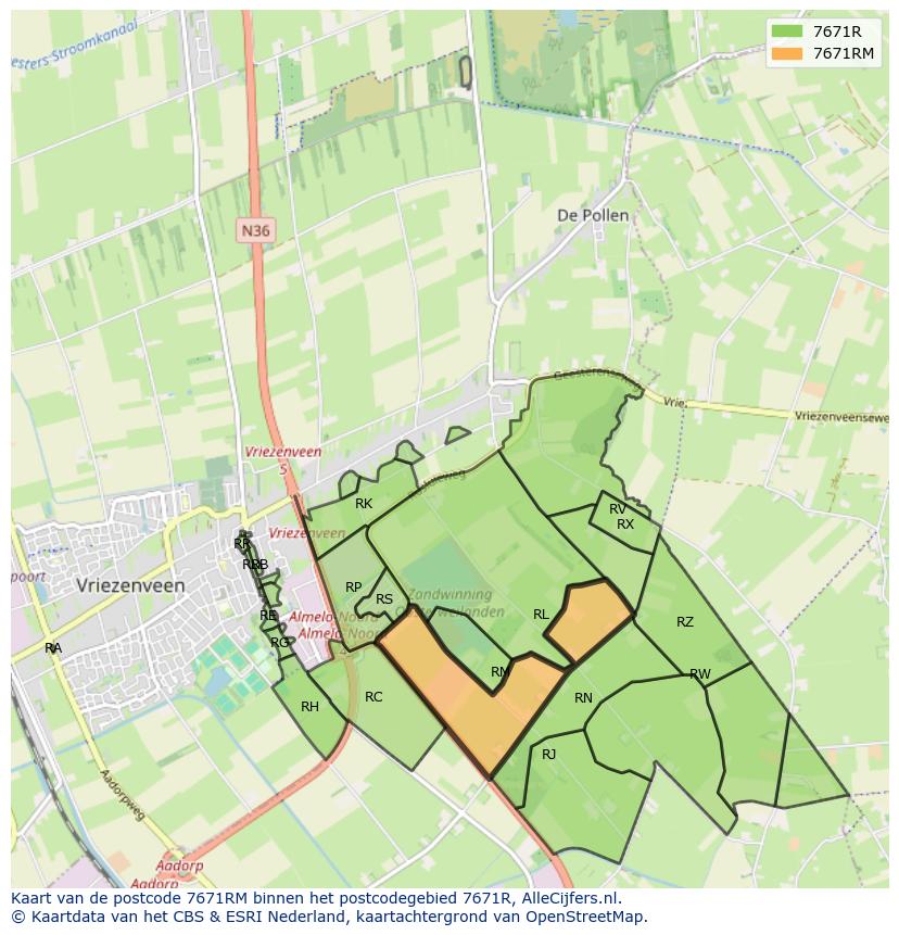 Afbeelding van het postcodegebied 7671 RM op de kaart.