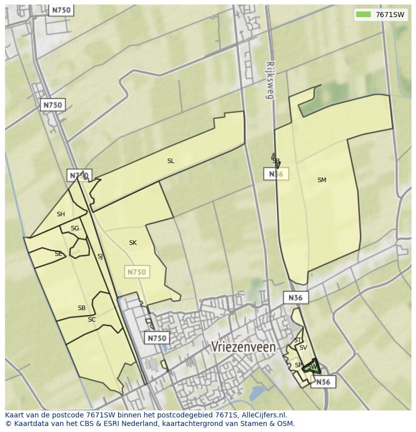 Afbeelding van het postcodegebied 7671 SW op de kaart.