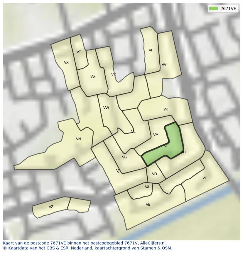 Afbeelding van het postcodegebied 7671 VE op de kaart.