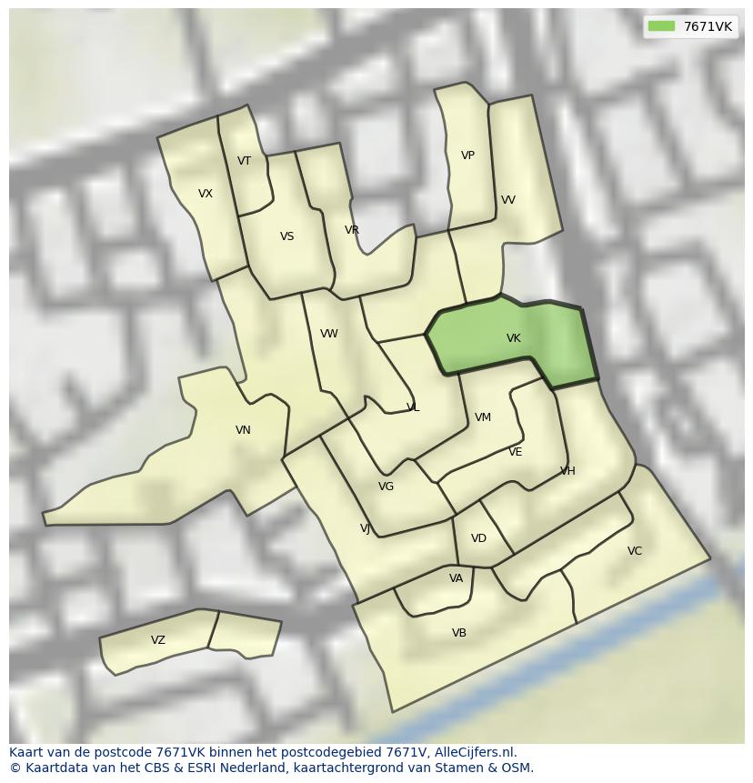 Afbeelding van het postcodegebied 7671 VK op de kaart.