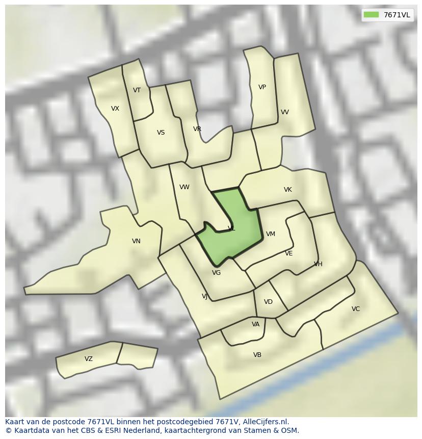 Afbeelding van het postcodegebied 7671 VL op de kaart.