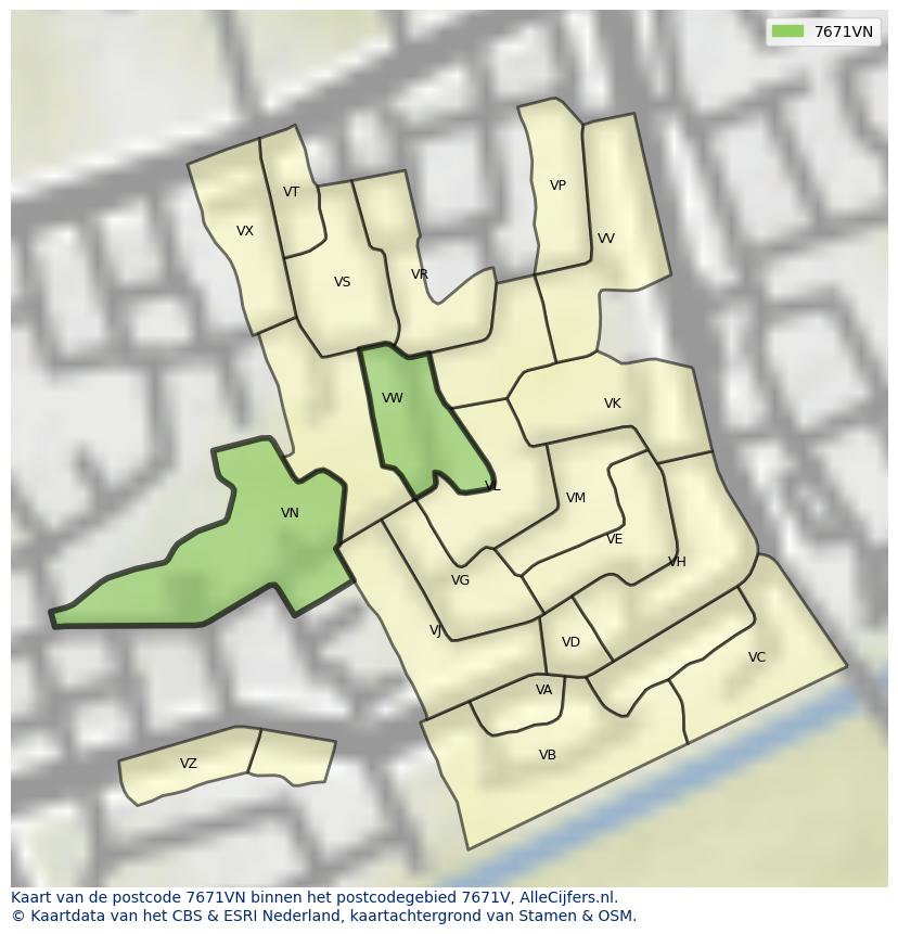 Afbeelding van het postcodegebied 7671 VN op de kaart.