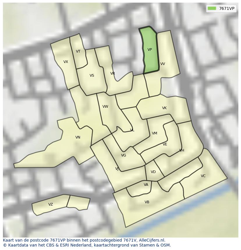 Afbeelding van het postcodegebied 7671 VP op de kaart.