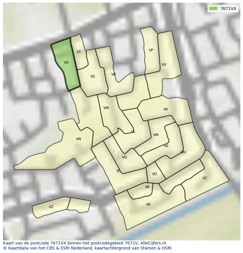 Afbeelding van het postcodegebied 7671 VX op de kaart.